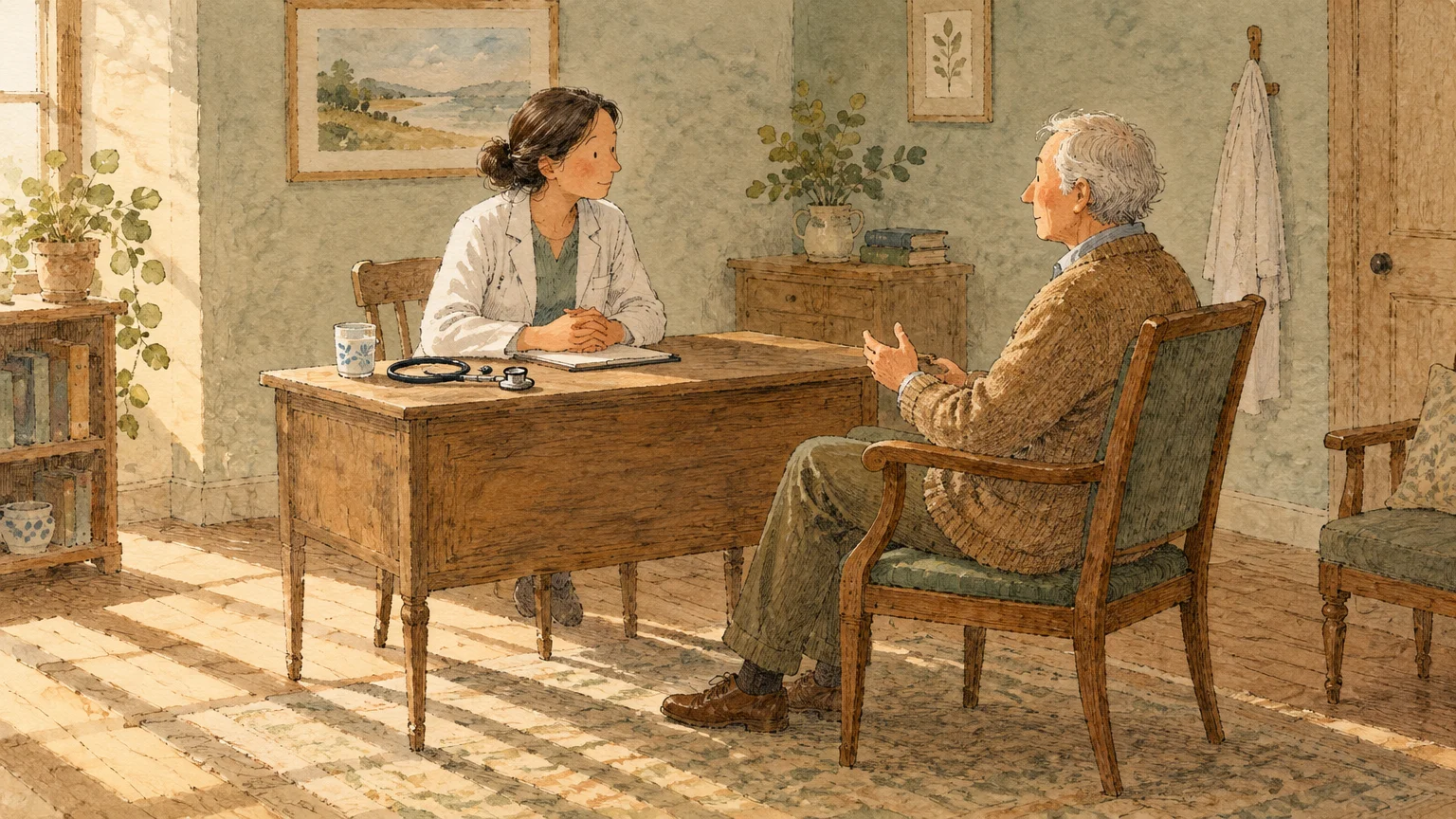 Watercolor illustration of an older man consulting with a female doctor across a wooden desk in a sunlit clinic.
