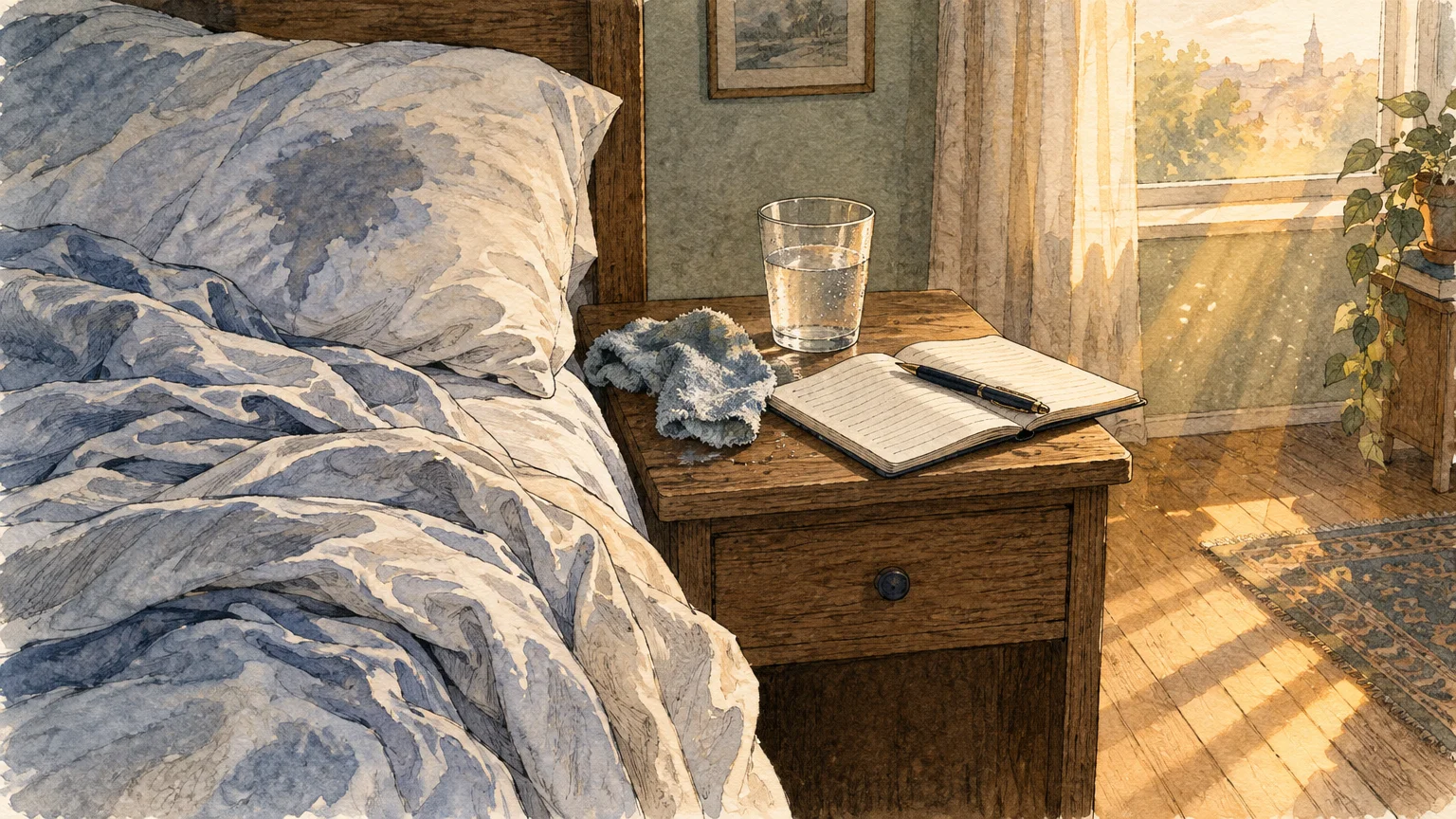 Watercolor of a rumpled bed with a sweat stain on the pillow beside a nightstand holding water and an open journal.