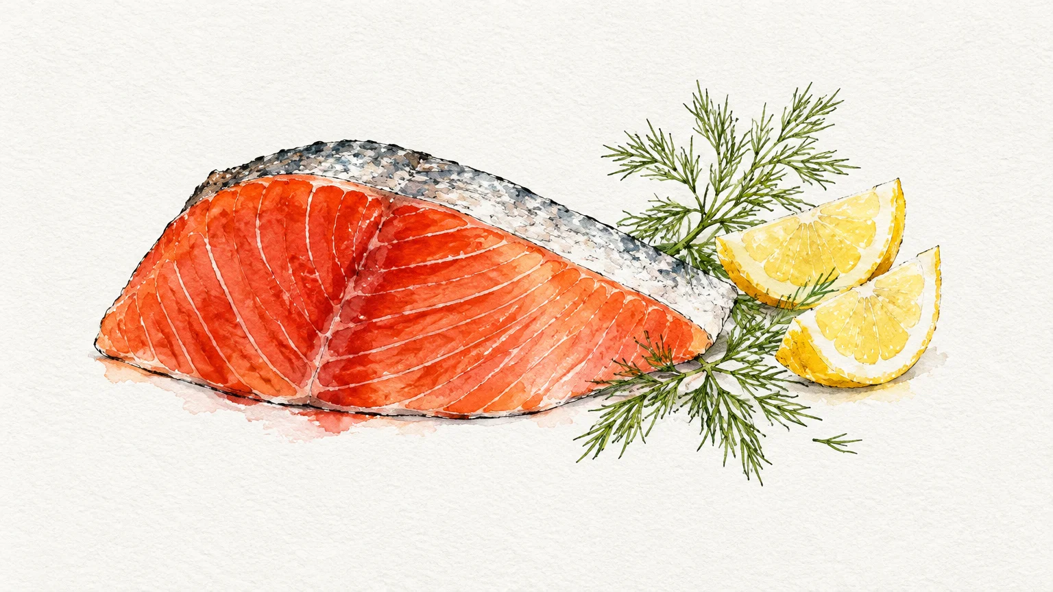 Watercolor illustration of a raw salmon fillet garnished with fresh dill sprigs and two lemon wedges on textured paper.