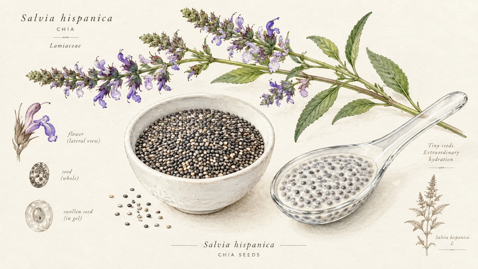 Botanical watercolor illustration of chia plant flowers, a bowl of dry seeds, and a glass spoon holding soaked chia gel.