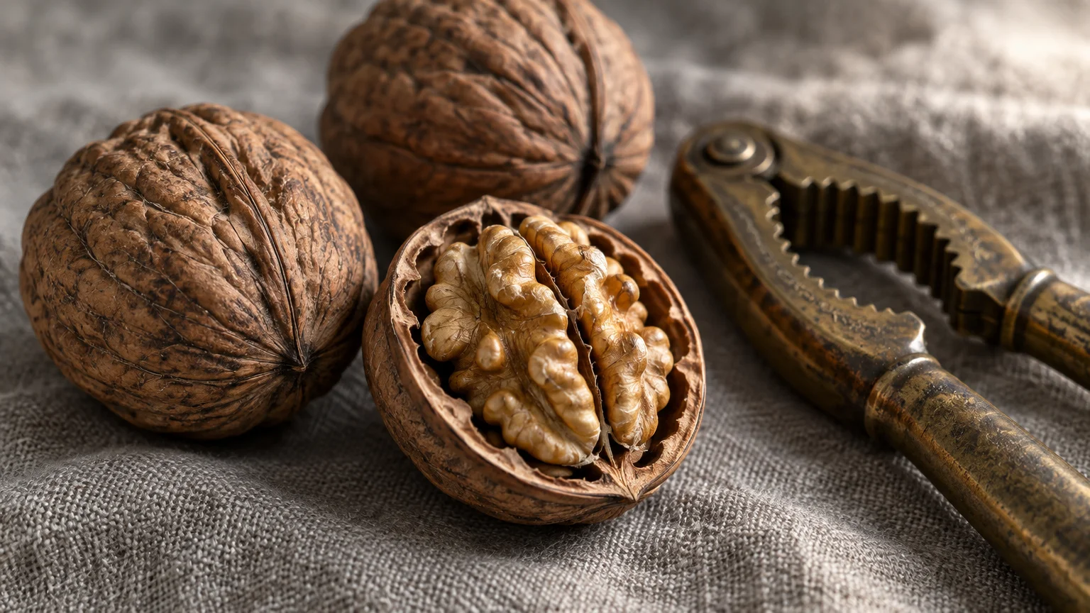 Whole walnuts, a cracked walnut half revealing the nut meat, and a vintage metal nutcracker on gray linen cloth.