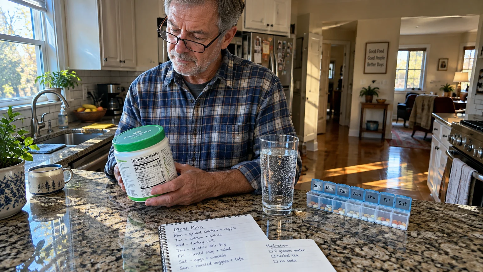 A man in a plaid shirt sits at a kitchen counter examining a supplement jar next to a glass of water and pill organizer.