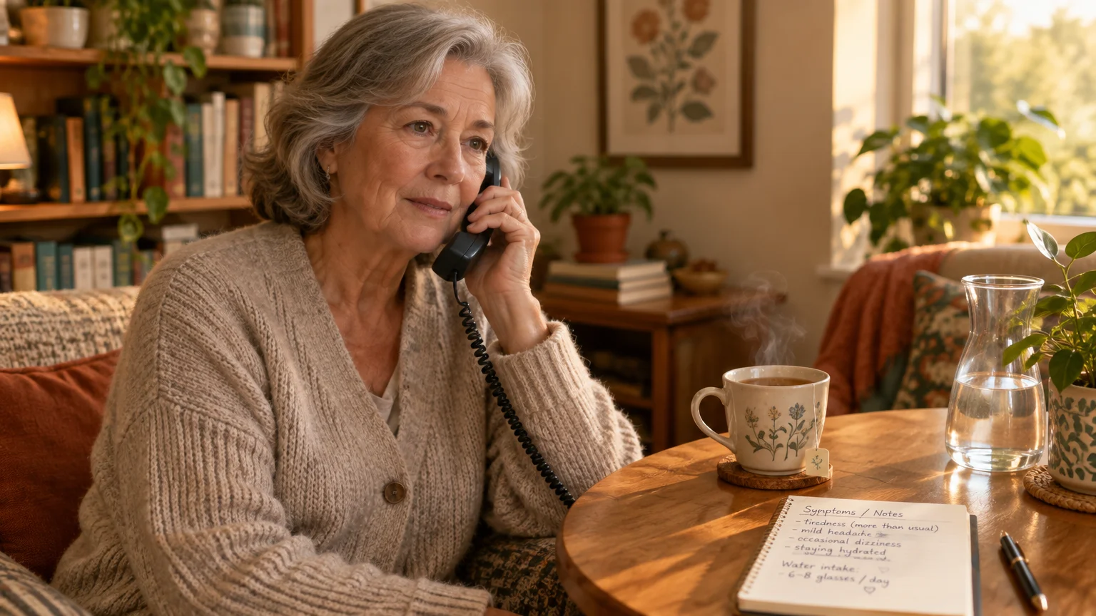 Senior woman talking on a corded telephone beside a notepad listing symptoms and a hot mug on a wooden table.