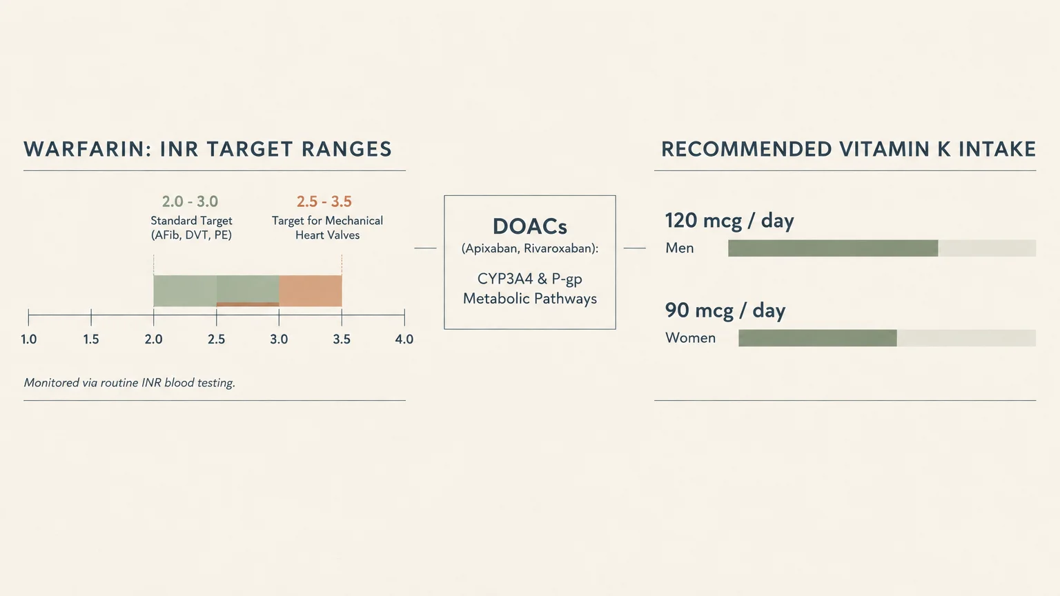 Diagram displaying warfarin INR target ranges, DOAC metabolic pathways, and recommended daily vitamin K intake bars.