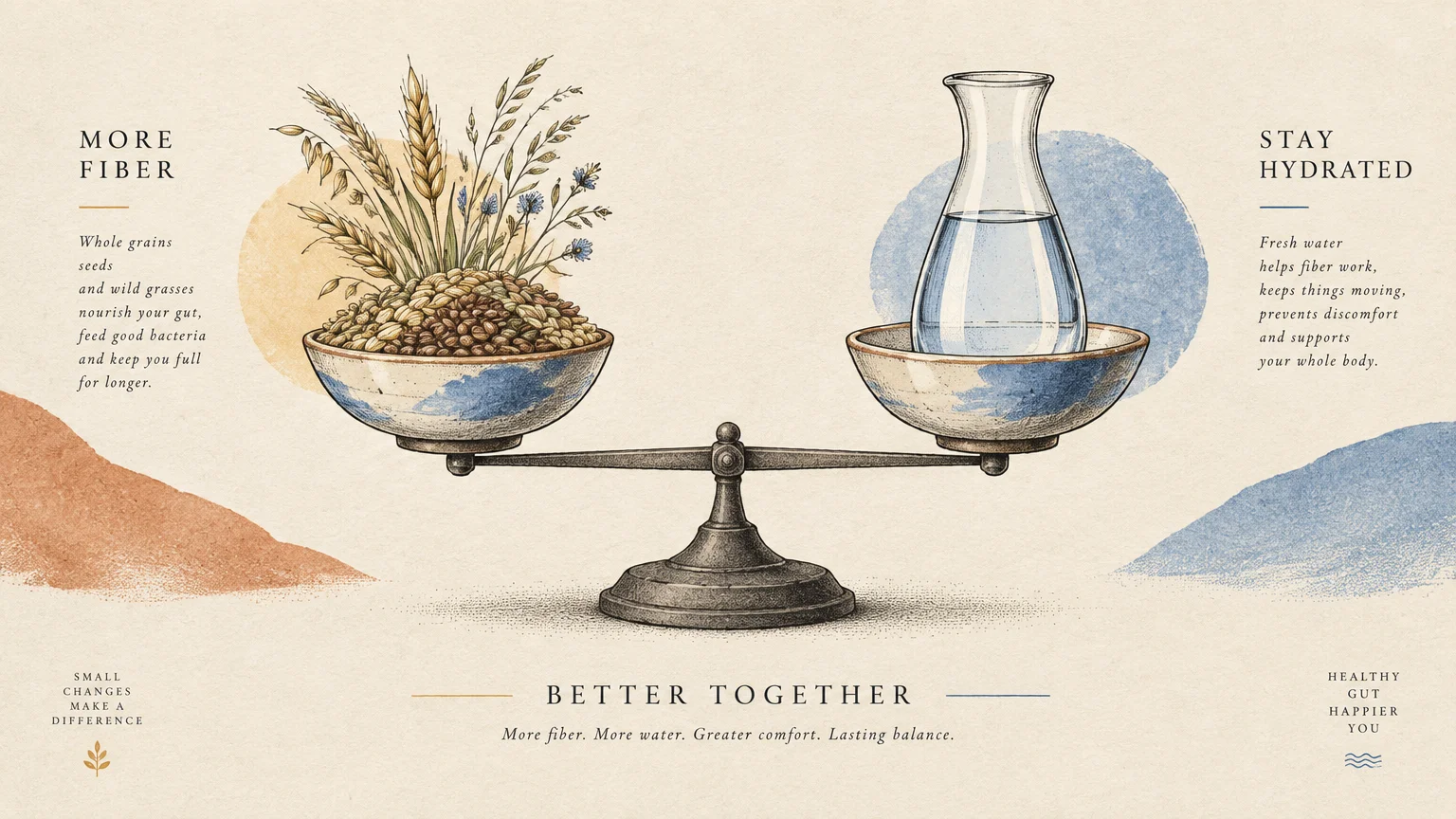 Illustration of a balance scale holding a bowl of grains and wheat on one side and a water carafe on the other.
