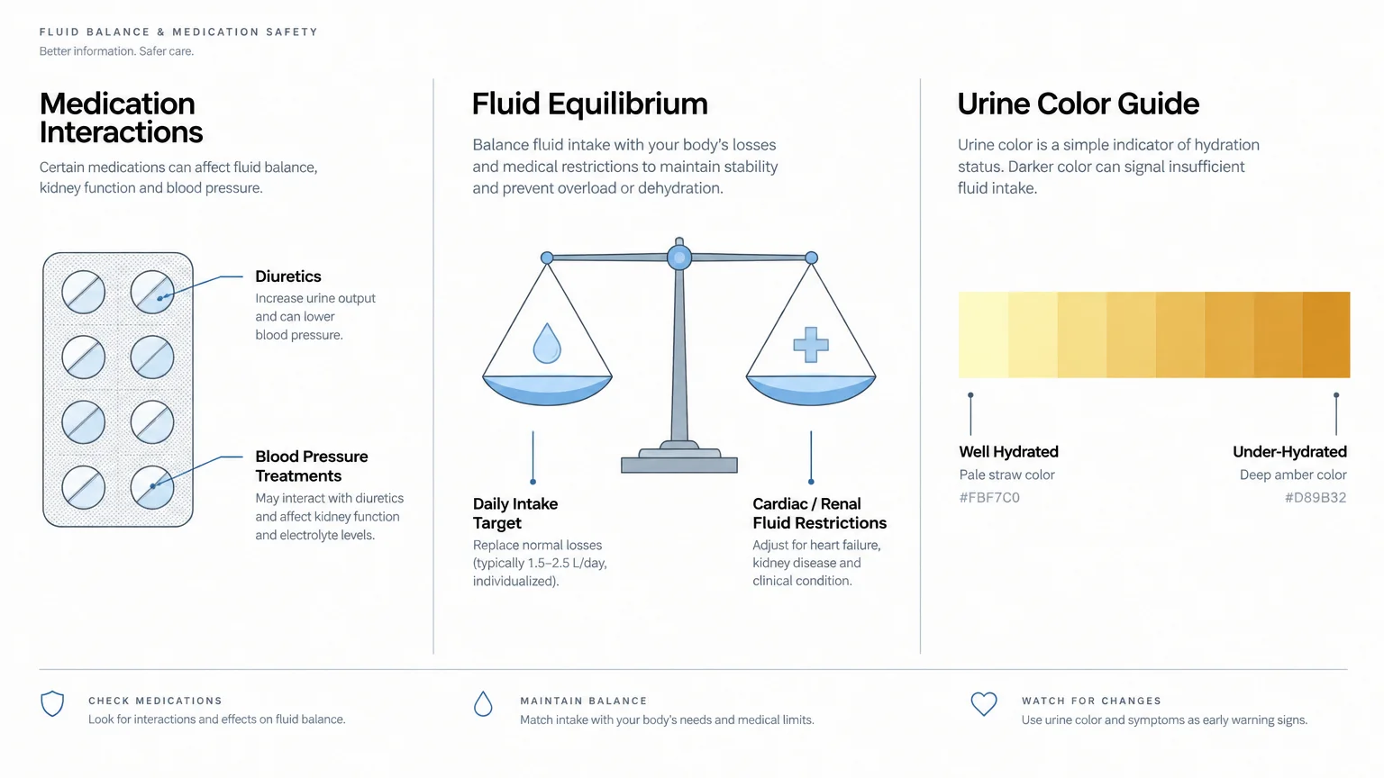 Diagram detailing medication interactions, a balance scale for fluid targets, and a urine color guide.