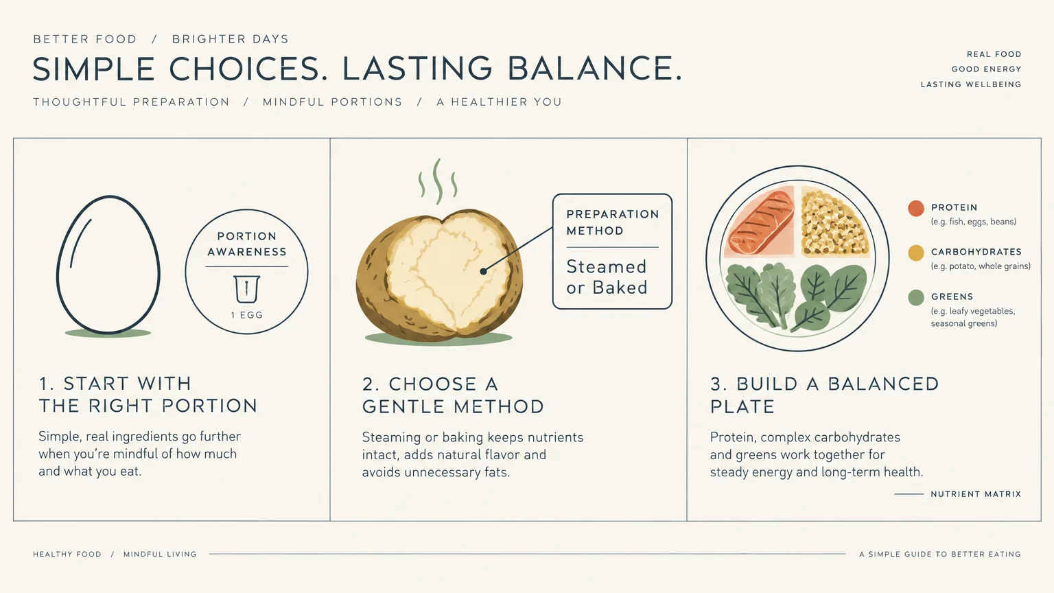 Three-step infographic showing an egg portion, a baked potato preparation, and a balanced plate with protein, carbs, and greens.