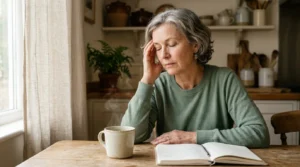 A mature woman sitting at a wooden kitchen table with her eyes closed and hand on her temple beside a steaming mug.