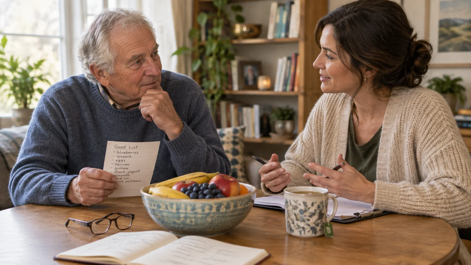A senior man holds a food list while talking with a woman across a table with a fruit bowl and notebook.