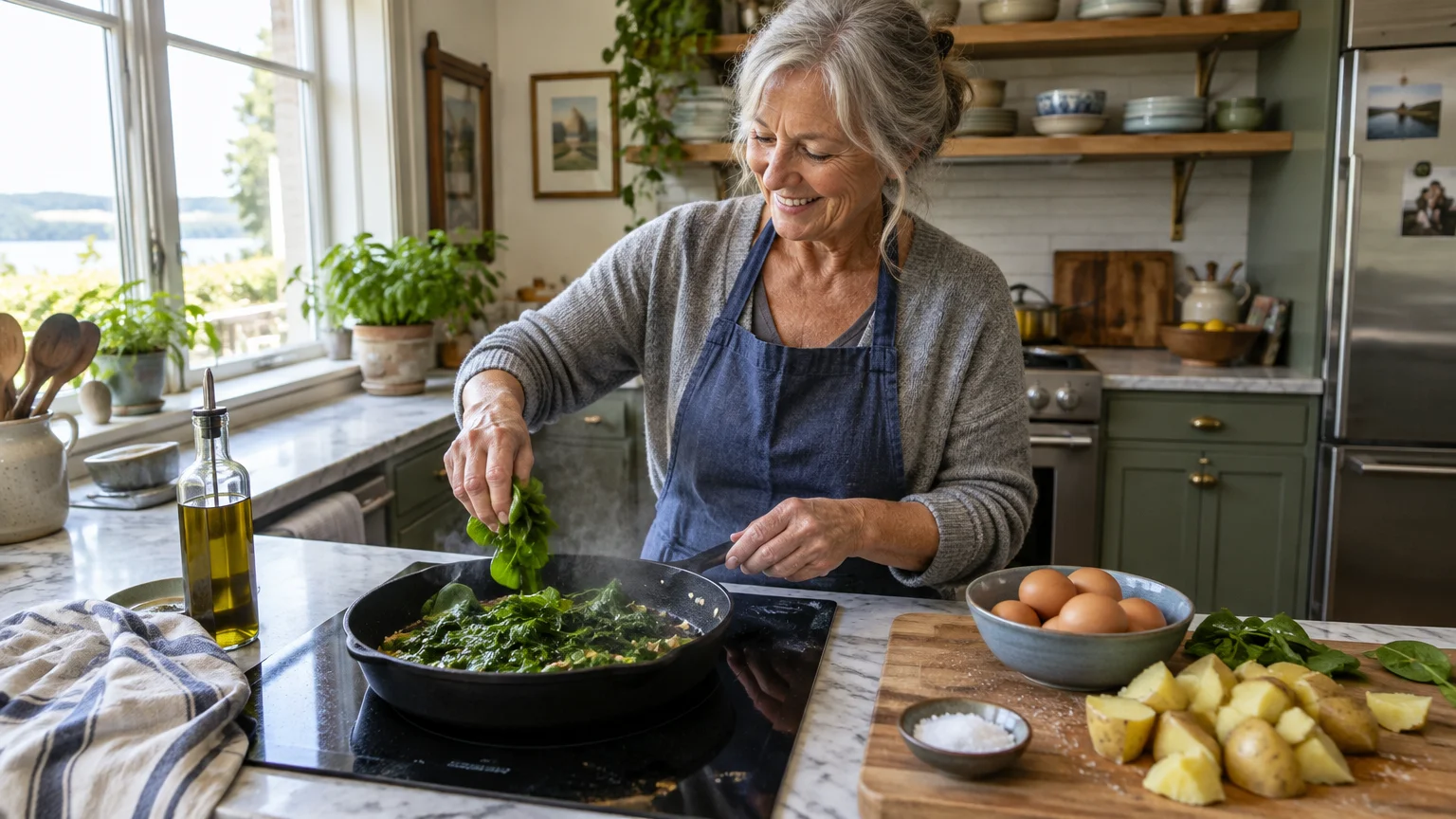 Smiling woman in an apron adding greens to a skillet on a stovetop beside bowls of eggs and sliced potatoes.