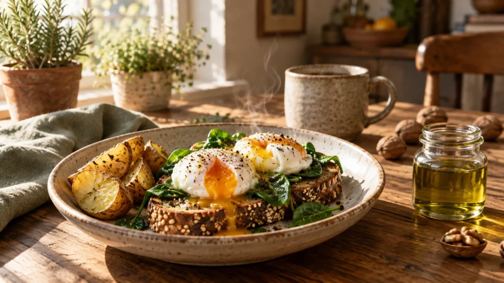 A plate of poached eggs on seeded toast with spinach and roasted potatoes beside coffee, olive oil, and walnuts.