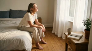 A mature woman in loungewear sits on the edge of a bed, looking out a window in a sunlit bedroom.