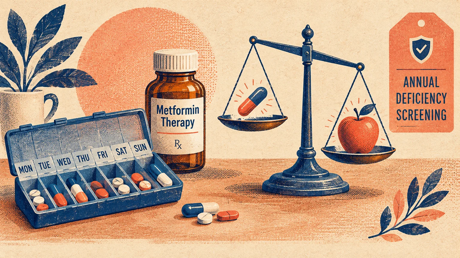 Illustration of a pill organizer, Metformin bottle, and scale balancing a pill against an apple next to a screening tag.