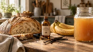 Sliced loaf of sourdough bread, a bottle of vanilla extract, vanilla beans, bananas, and a jar of juice on a wooden table.