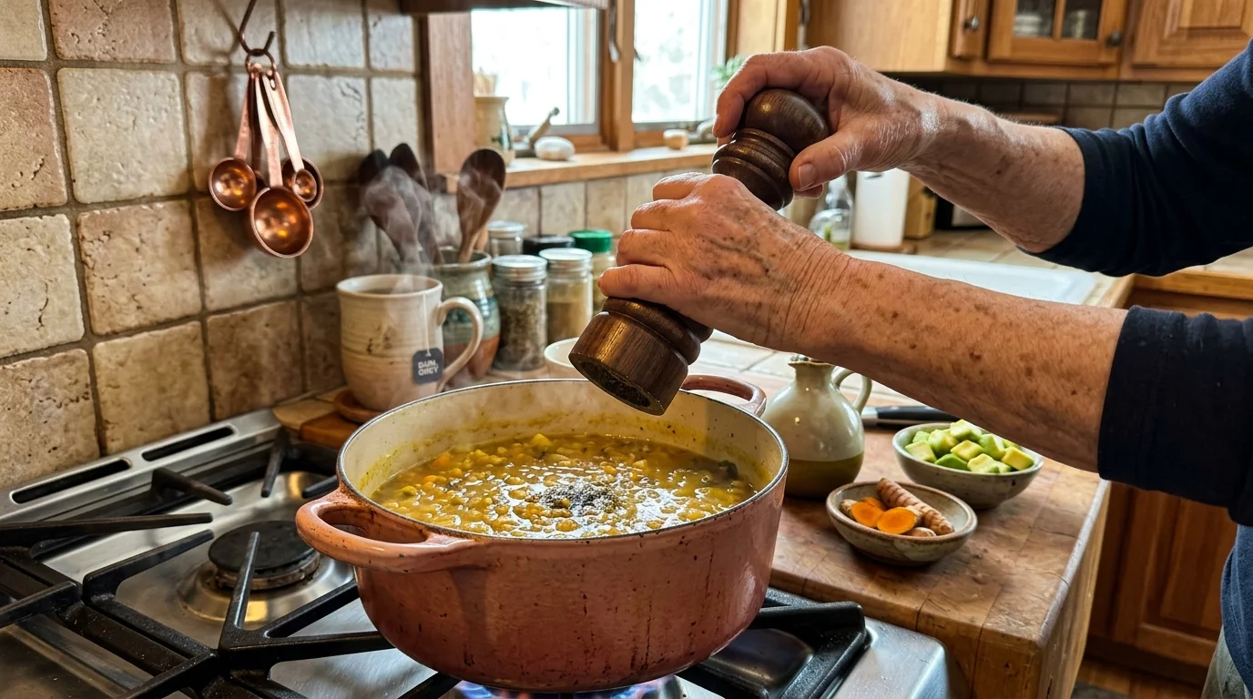 Hands grinding black pepper into a pot of yellow soup on a stove beside sliced turmeric root and diced avocado.