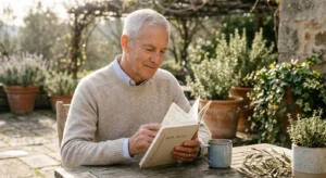 Senior man sitting outdoors on a stone patio, smiling while reading a health journal at a wooden table with a mug.