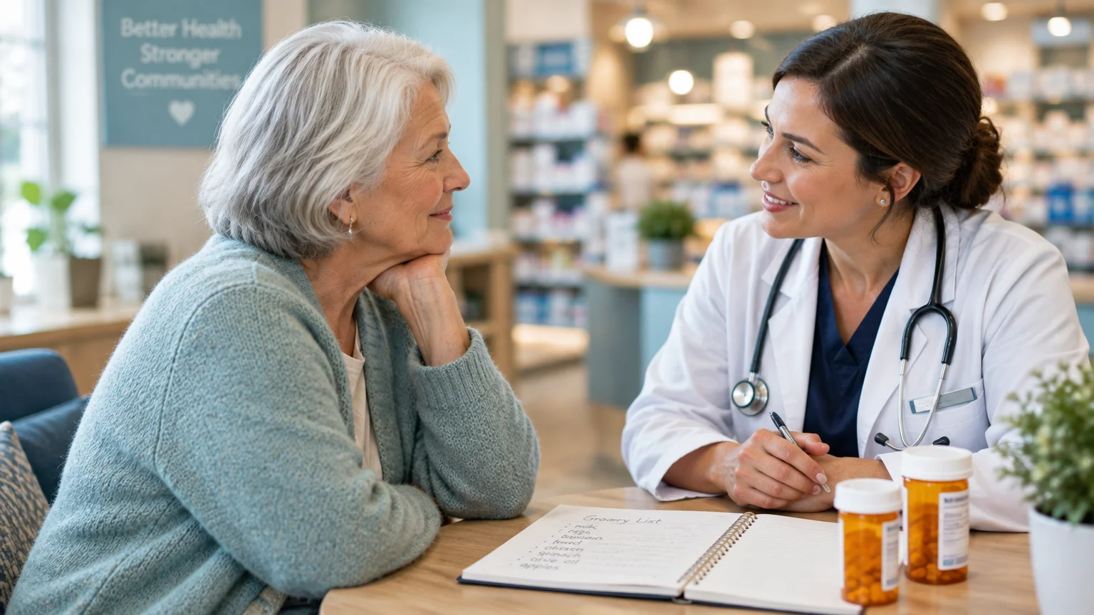 A female doctor in a white coat speaks with an older woman across a table with medication bottles and a notebook.