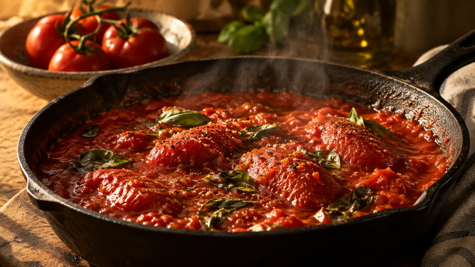 Simmering tomato sauce with basil leaves in a black cast-iron skillet next to fresh red tomatoes in a bowl.