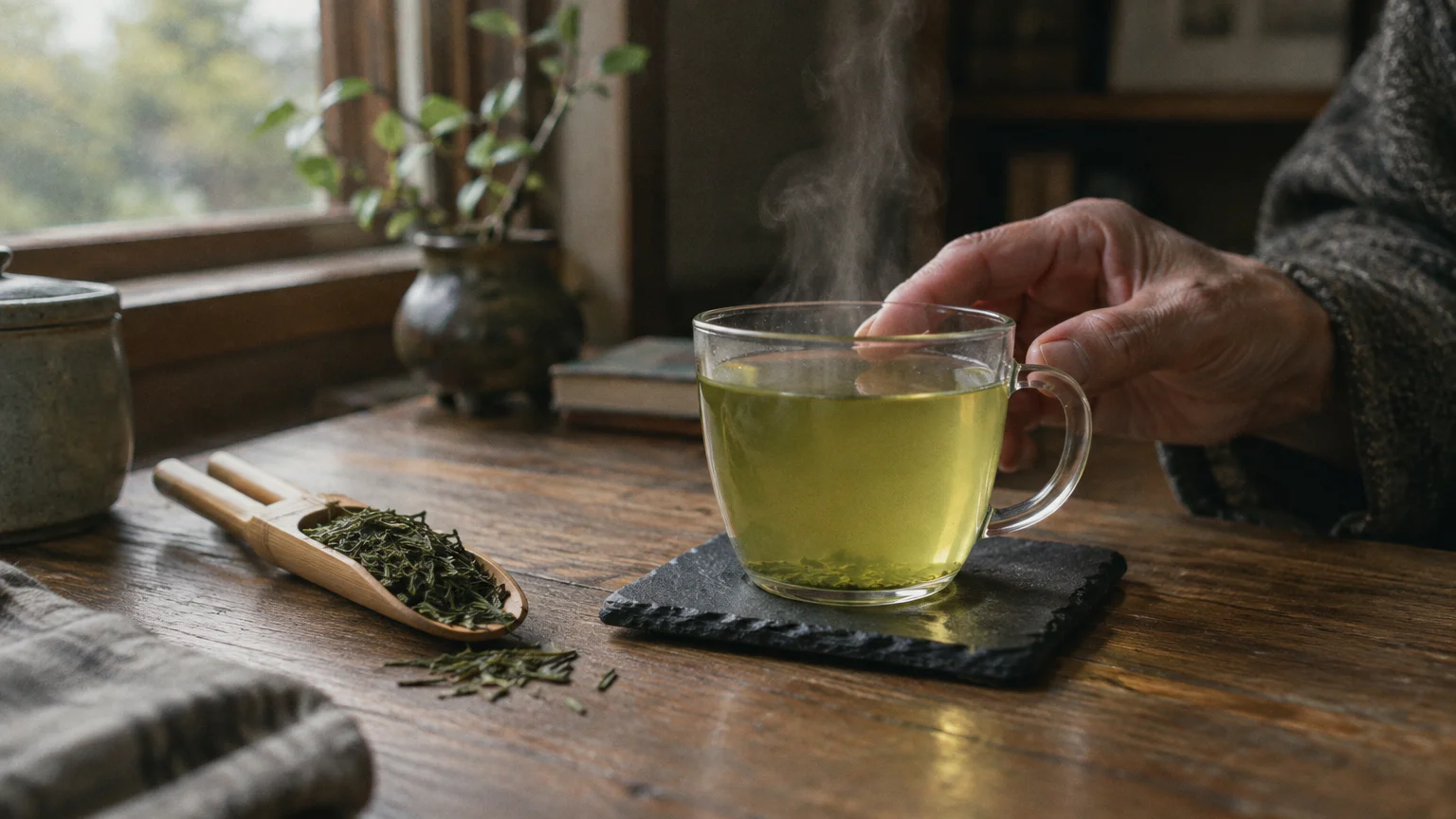 A steaming glass cup of green tea on a slate coaster beside loose leaves on a wooden scoop on a rustic table.