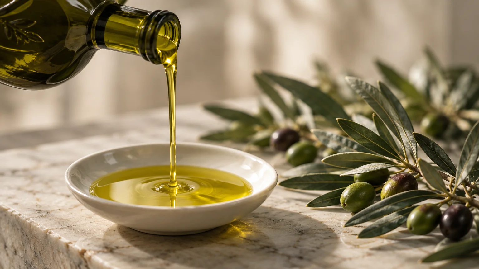 Olive oil pouring from a green glass bottle into a white bowl beside fresh olive branches on a marble surface.