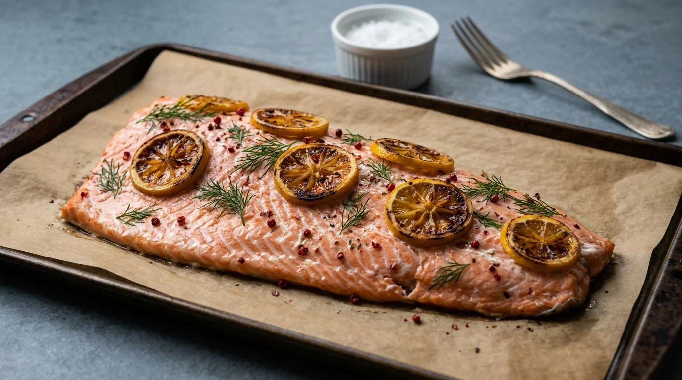 Baked salmon fillet garnished with roasted lemon slices, fresh dill, and pink peppercorns on parchment paper in a pan.