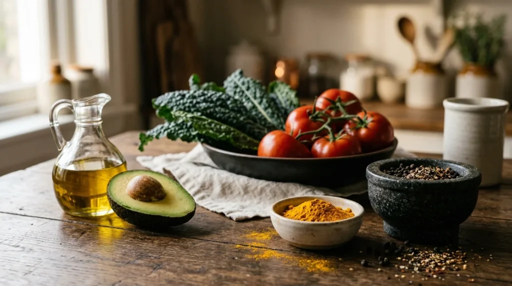 Fresh kale, tomatoes, an avocado half, olive oil, turmeric powder, and black peppercorns on a rustic wooden table.