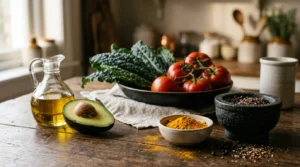 Fresh kale, tomatoes, an avocado half, olive oil, turmeric powder, and black peppercorns on a rustic wooden table.