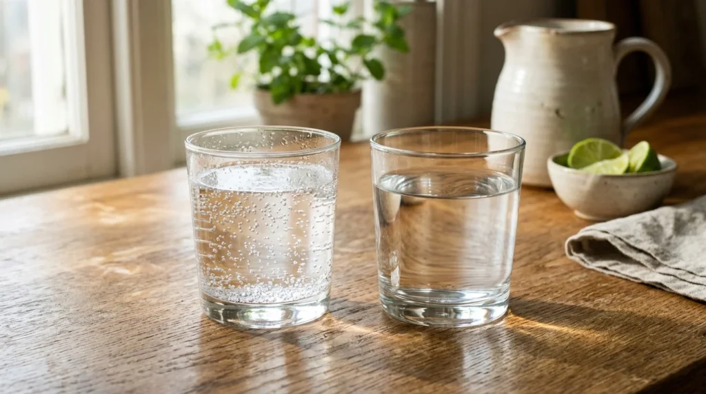 A glass of sparkling water with bubbles next to a glass of still water on a wooden tabletop.