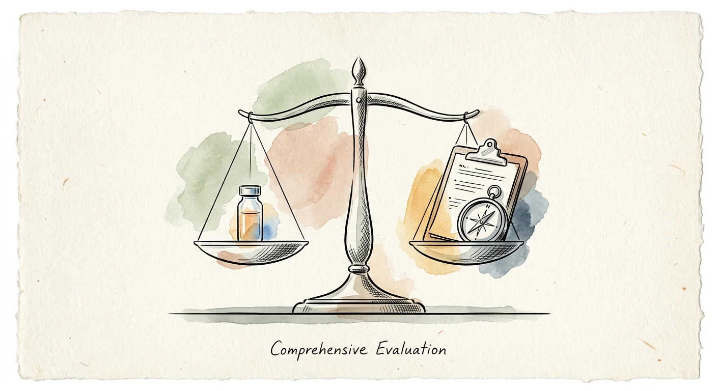 Watercolor sketch of a balance scale holding a vial on one pan and a medical clipboard with a compass on the other.