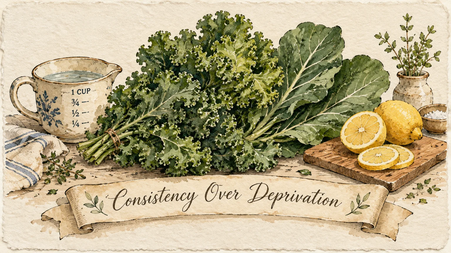 Watercolor illustration of kale, lemons, a measuring cup, and a scroll reading Consistency Over Deprivation.