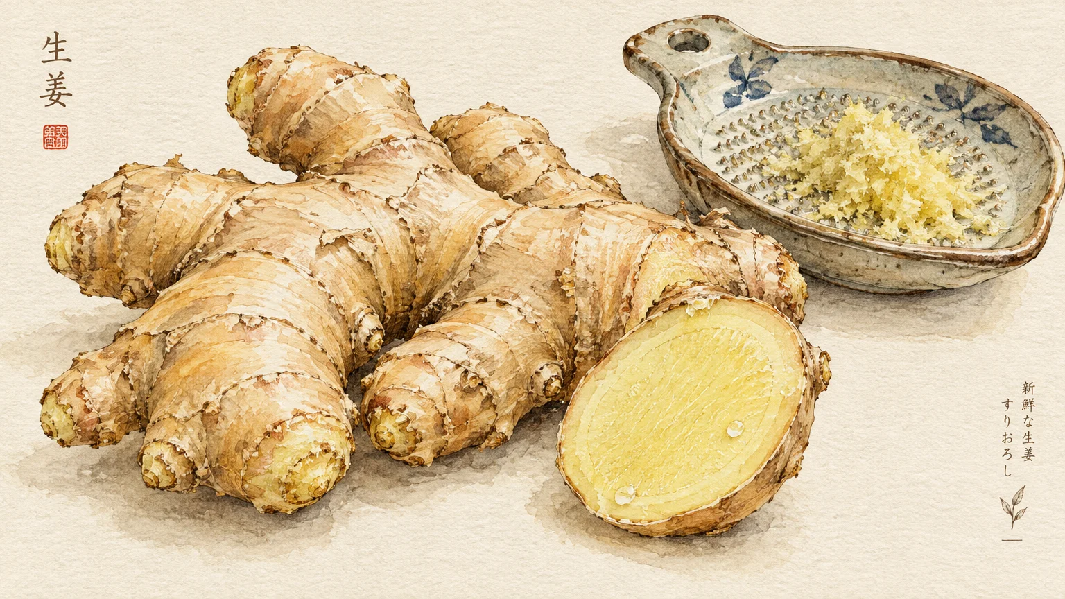 Watercolor of a fresh ginger root, a cut slice showing yellow flesh, and grated ginger in a ceramic grater.