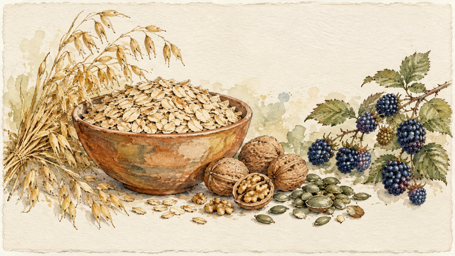 Watercolor illustration of a wooden bowl filled with rolled oats, oat stalks, walnuts, pumpkin seeds, and ripe blackberries.