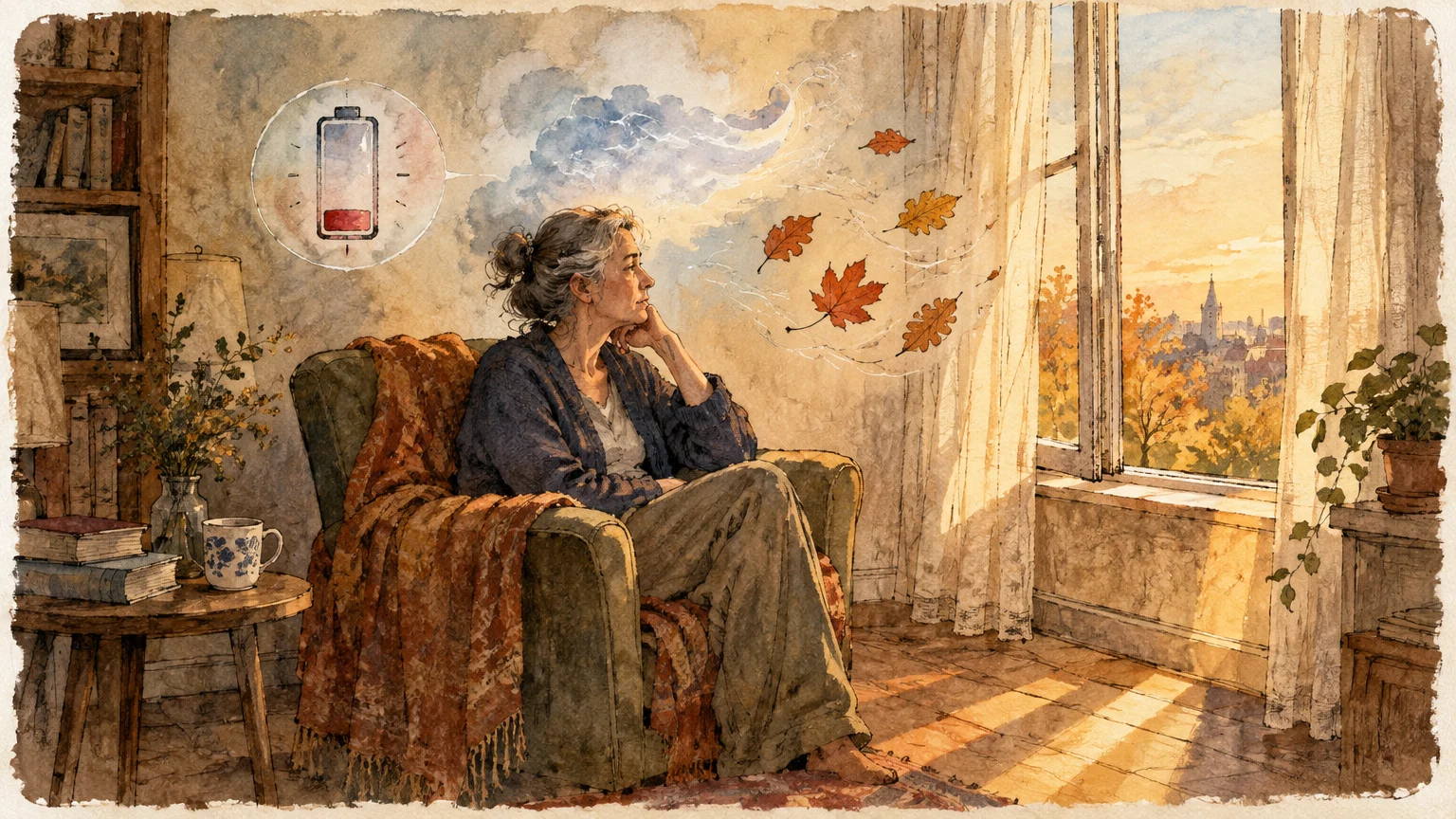 Illustration of an older woman resting in an armchair by an open window, with a low battery icon above her.