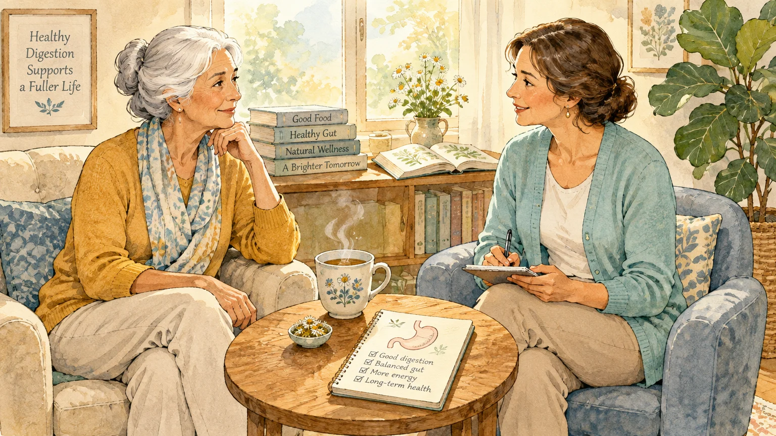 Watercolor illustration of an older woman speaking with a consultant writing notes beside a gut health diagram.