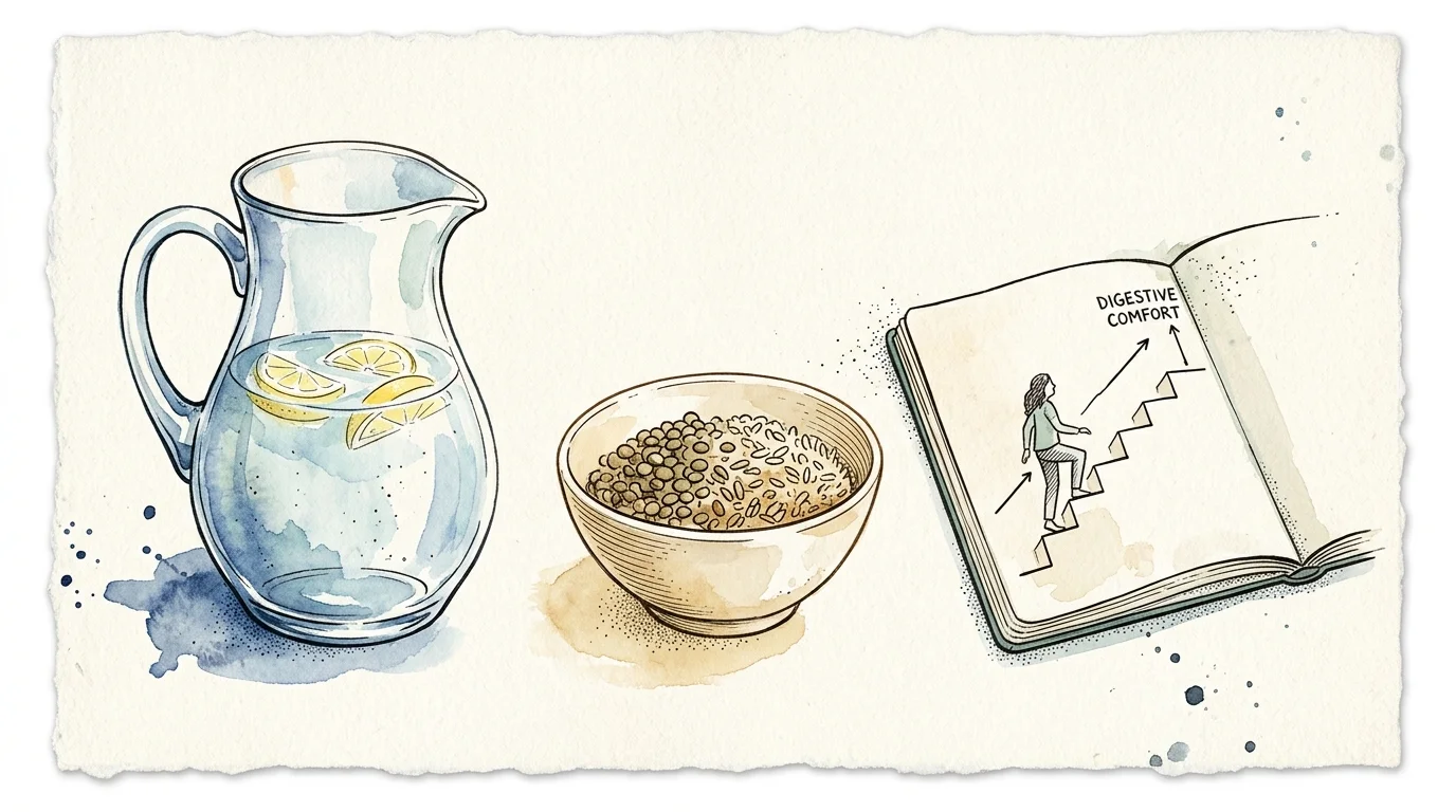 Watercolor illustration of a glass water pitcher with lemons, a bowl of grains, and an open notebook showing steps upward.