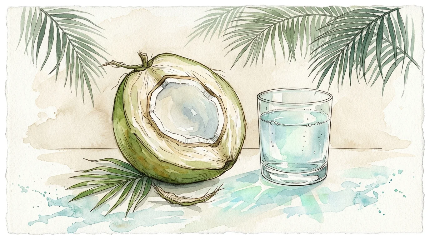 Watercolor illustration of an opened green coconut beside a clear glass of coconut water with palm fronds around.