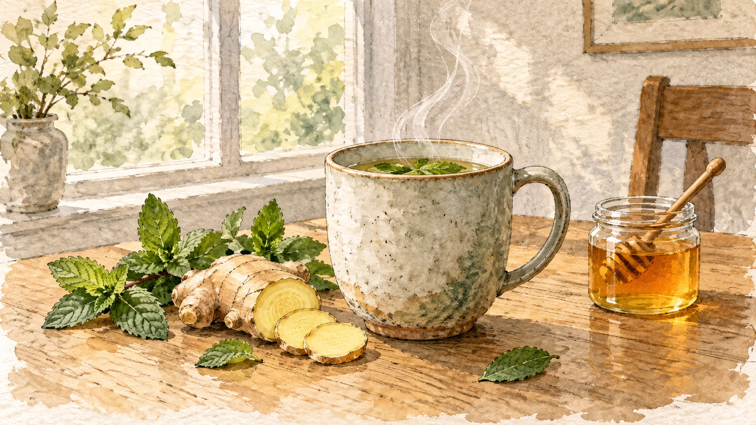 Watercolor illustration of a steaming mug of tea beside fresh mint leaves, sliced ginger, and a jar of honey on a table.