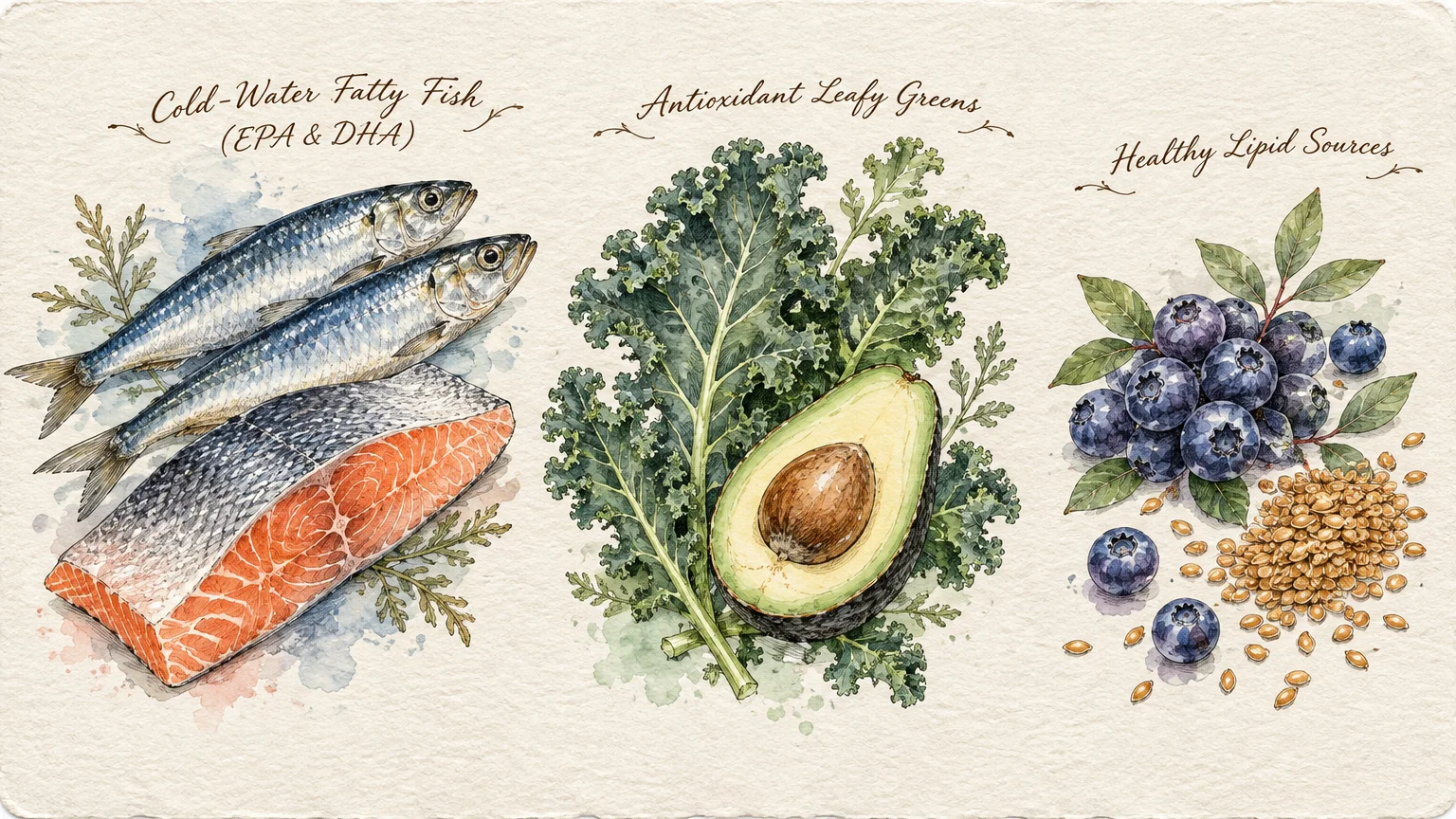 Watercolor arrangement of fish, kale, avocado, blueberries, and seeds under decorative calligraphy headings.