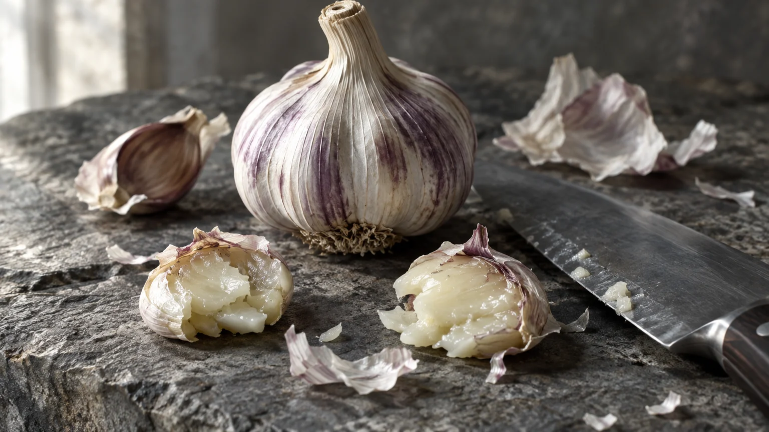 A garlic bulb, loose cloves, crushed soft garlic, and a chef's knife resting on a rustic stone surface.