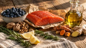 Fresh salmon fillet, bowl of blueberries, walnuts, olive oil bottle, turmeric roots, ginger, and lemon on a wooden table.