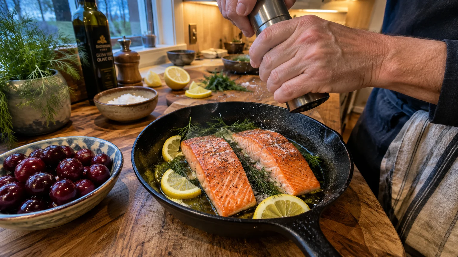 Hands grinding pepper onto two salmon fillets with lemon slices and herbs cooking in a cast-iron skillet.