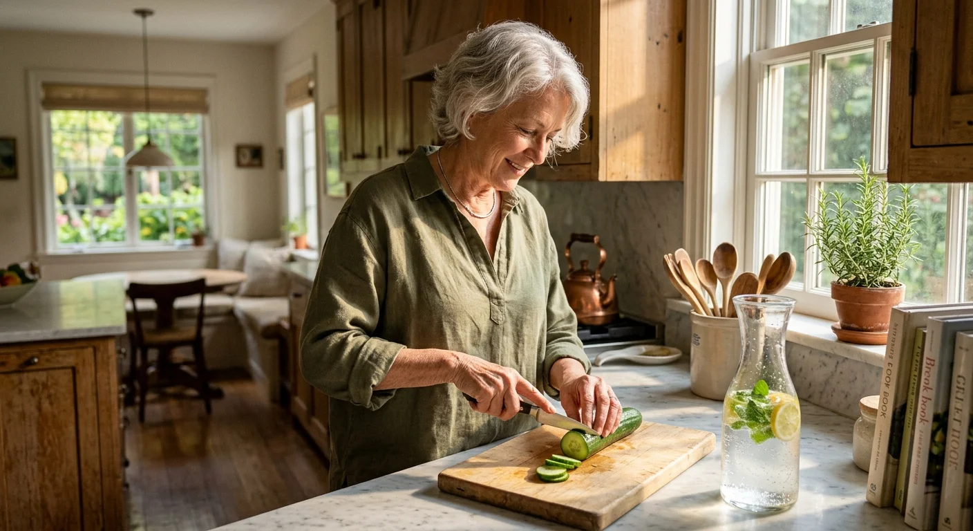 Older woman slicing cucumber on a cutting board in a kitchen beside a carafe of water infused with lemon and mint.