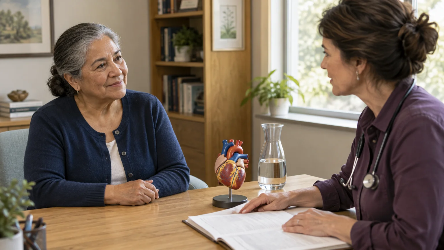 A doctor with a stethoscope discusses health with a senior patient across a desk displaying an anatomical heart model.