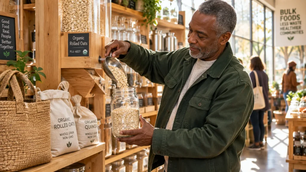 A man fills a glass jar with rolled oats using a scoop at a bulk foods dispenser in a store.