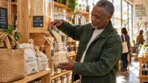 A man fills a glass jar with rolled oats using a scoop at a bulk foods dispenser in a store.