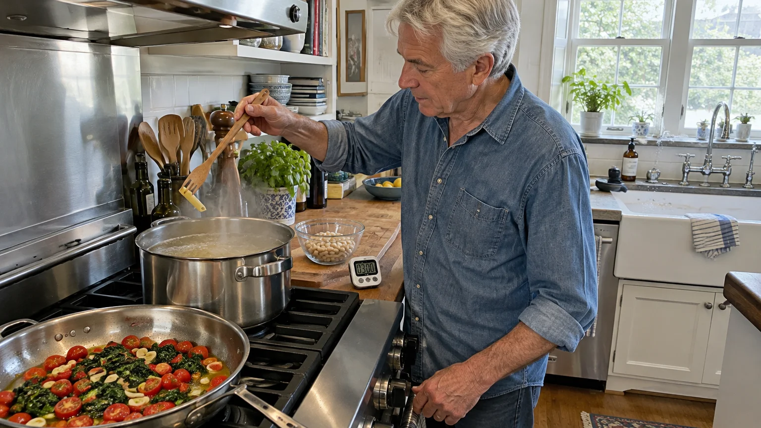 A man cooking pasta on a stovetop beside a skillet of tomatoes and greens in a bright kitchen.