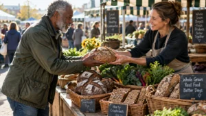 A vendor hands a loaf of whole-grain bread to an older man across a farmers market stand filled with baked goods.