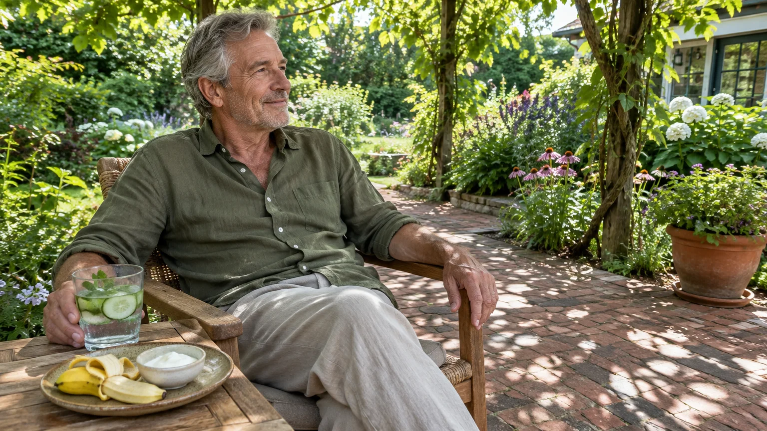 Older man sitting outdoors on a brick patio with cucumber-infused water, a banana, and yogurt on a wooden table.