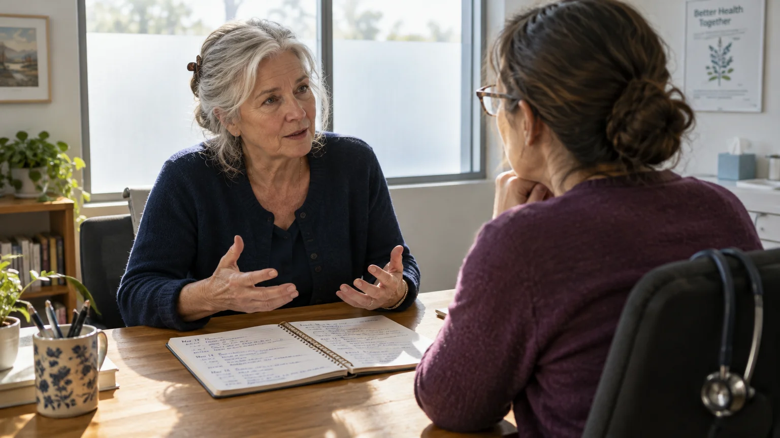 An older woman gestures with her hands while speaking across a wooden desk to a doctor wearing a stethoscope.