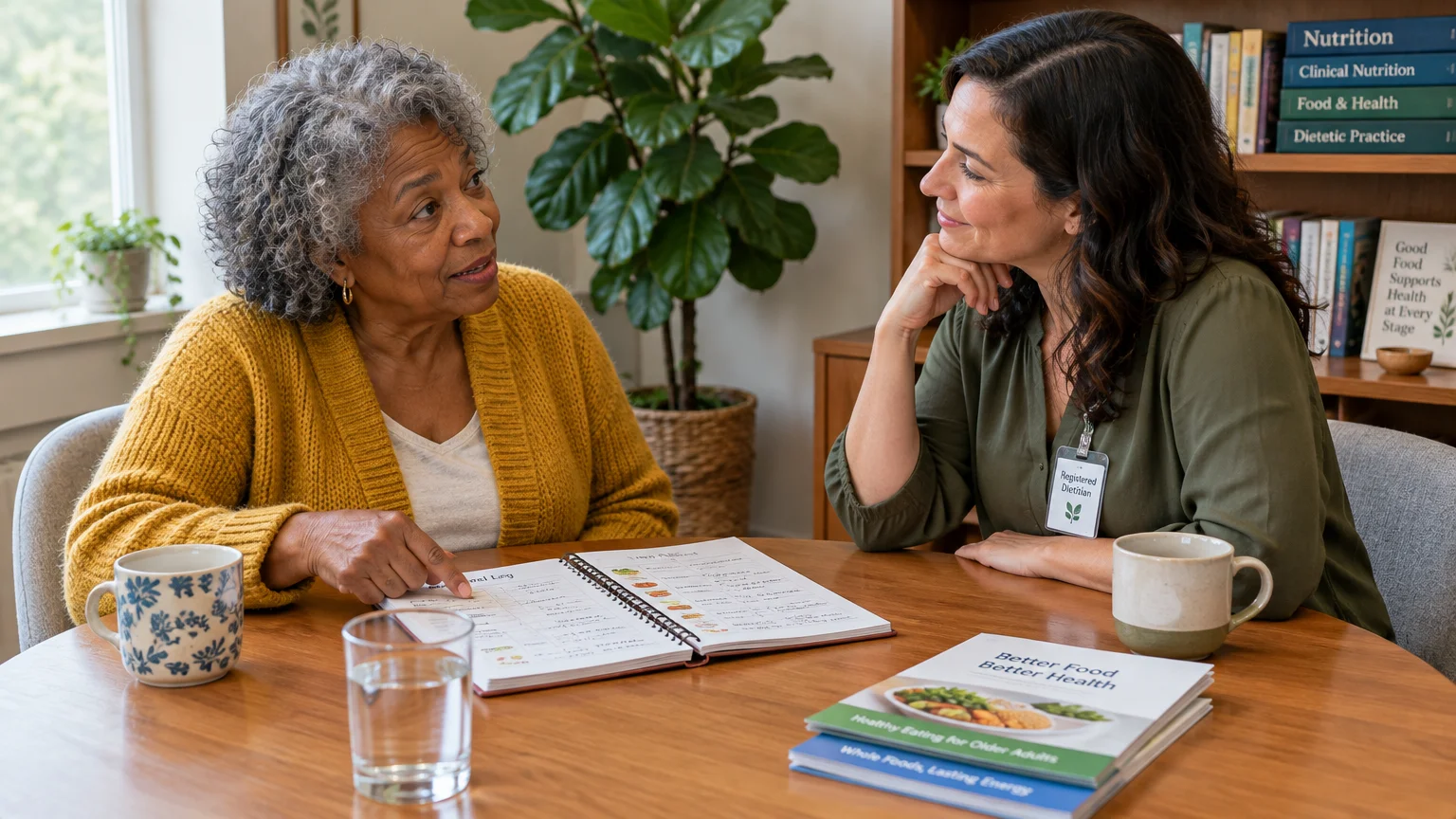 An older woman discusses a meal log across a table with a registered dietitian near nutrition books and pamphlets.